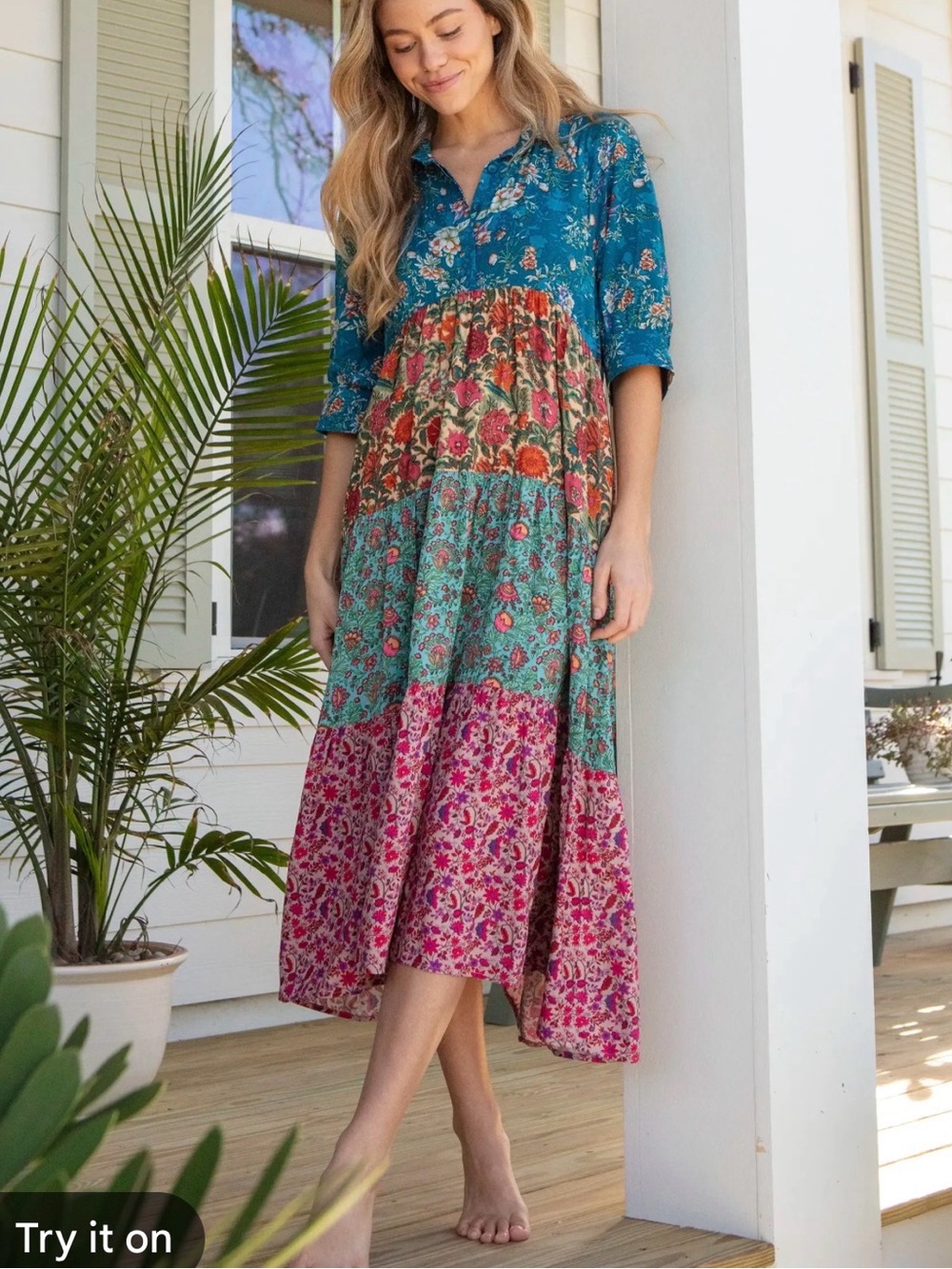 NATURAL LIFE Teal, Coral, Pink Tiered Floral Midi Dress
